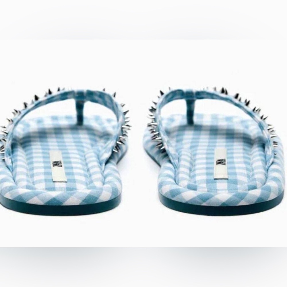 Zara Gingham Studded Flip Flops Sandals - Picture 7 of 12